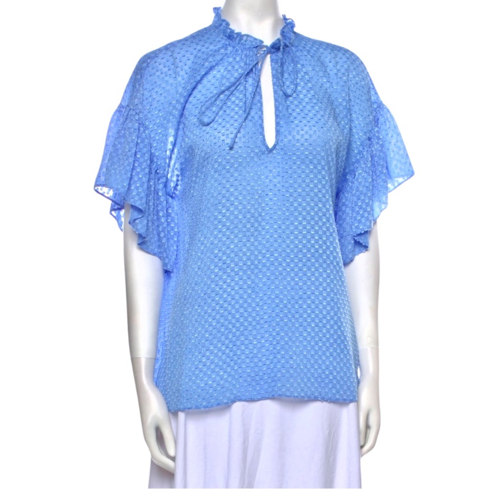 ALICE + OLIVIA Julius Ruffle Peasant Blouse Blue Top Solid Swiss
Dot‎ Ties - Picture 11 of 16